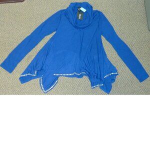 Womens Tunic Shirt Blue Large Long Sleeve Cowl Neck Shark Bite Hem Vain Top